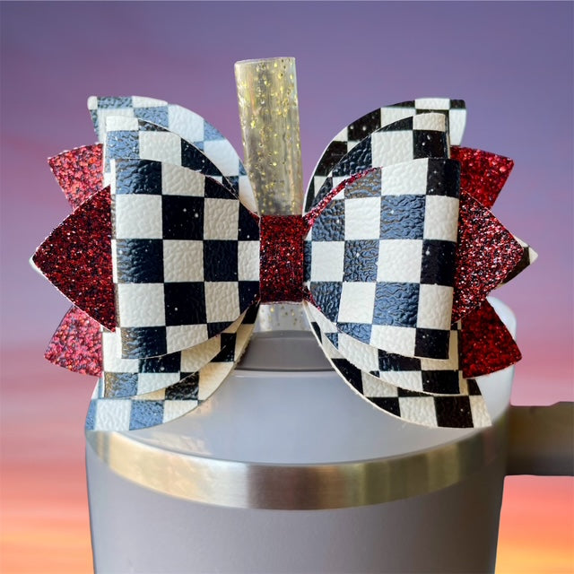 Leather Bow, Black and White Checkers and Dark Red Glitter