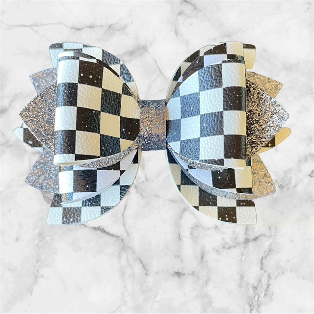 Leather Bow, Black and White Checkers and Dark Gray Glitter