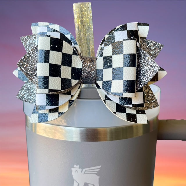 Leather Bow, Black and White Checkers and Dark Gray Glitter