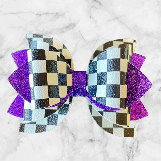 Leather Bow, Black and White Checkers and Purple Glitter