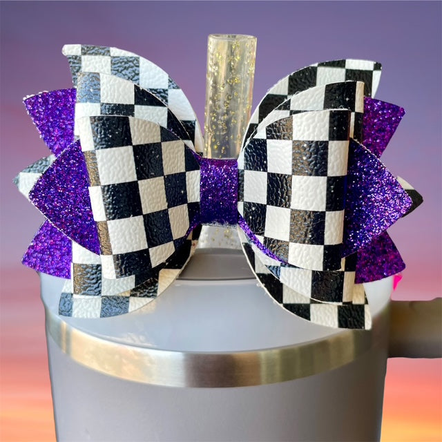 Leather Bow, Black and White Checkers and Purple Glitter