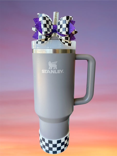 Leather Bow, Black and White Checkers and Purple Glitter