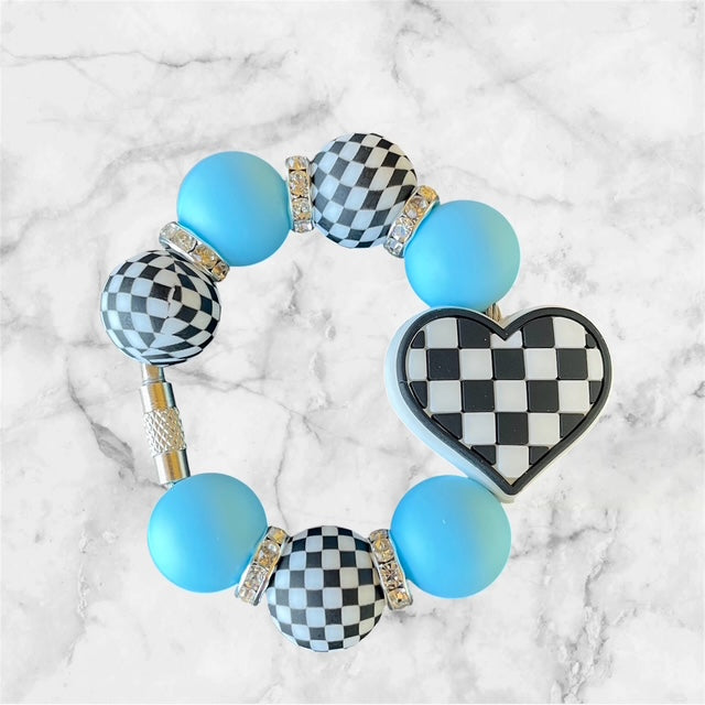 Handle Charm, Checker Heart with Blue and Checker Beads