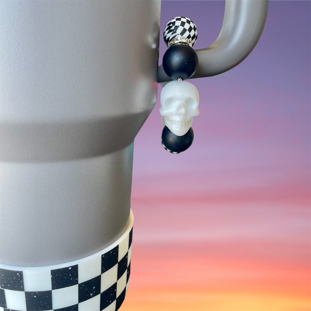 Handle Charm, White Skull Focal with Checkers