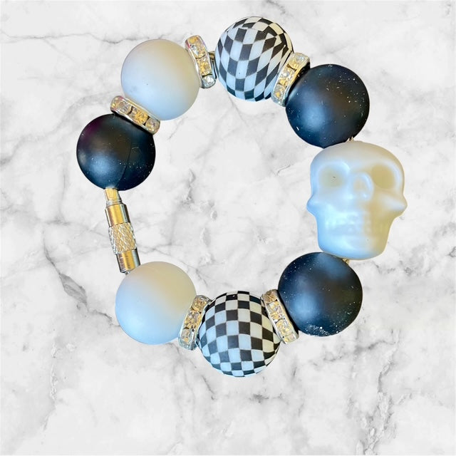 Handle Charm, White Skull Focal with Checkers