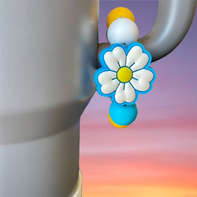 Handle Charm, White Flower Focal with Blue, Yellow and White Beads
