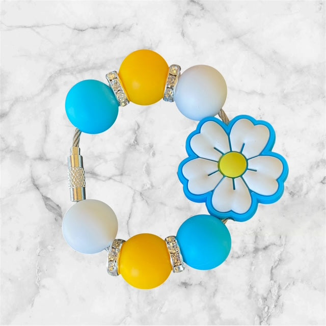 Handle Charm, White Flower Focal with Blue, Yellow and White Beads
