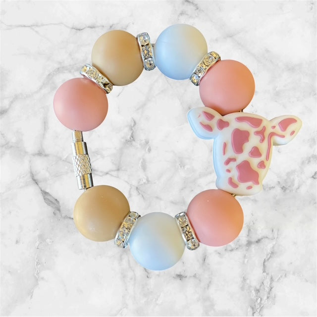 Handle Charm, Cow Head Focal, Brown and White Cow Print with Tan
