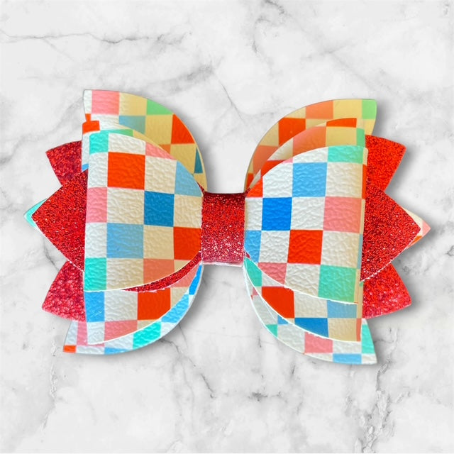 Leather Bow, 4th of July, Checkers with Red Glitter