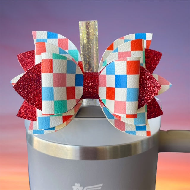 Leather Bow, 4th of July, Checkers with Red Glitter