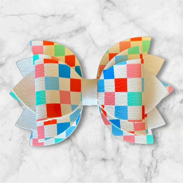 Leather Bow, 4th of July, Checkers with White Glitter