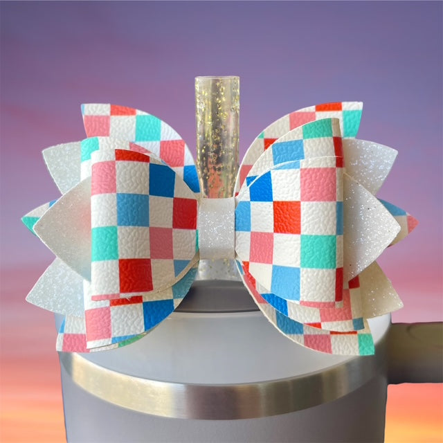 Leather Bow, 4th of July, Checkers with White Glitter