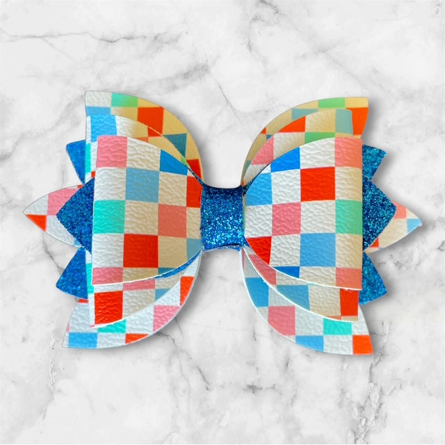 Leather Bow, 4th of July, Checkers with Blue Glitter