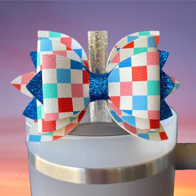 Leather Bow, 4th of July, Checkers with Blue Glitter