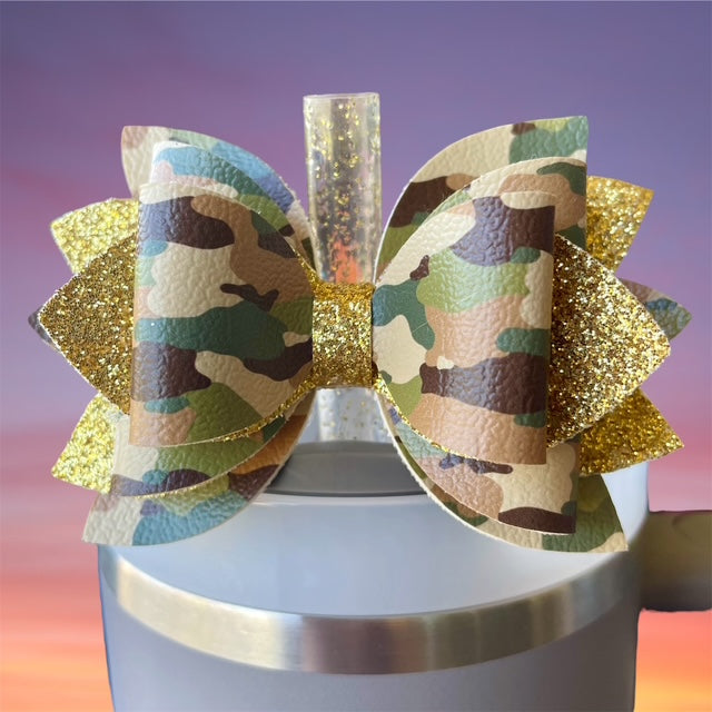 Leather Bow, Camo, for Post Malone Stanley with Gold Glitter
