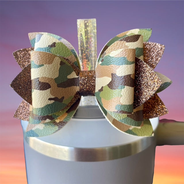 Leather Bow, Camo, for Post Malone Stanley with Brown Glitter