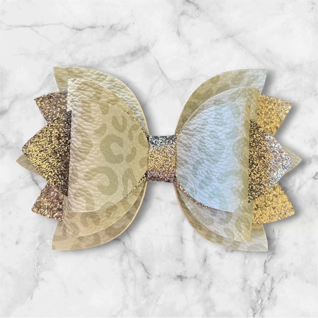 Leather Bow, Gray Leopard and Dark Gray Glitter