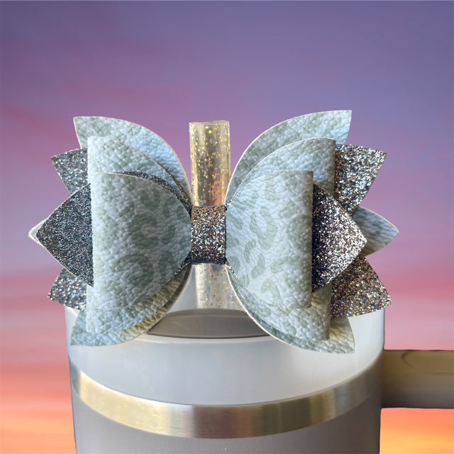 Leather Bow, Gray Leopard and Dark Gray Glitter