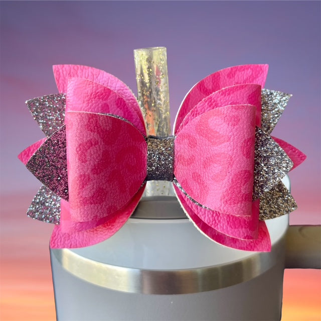 Leather Bow, Hot Pink Leopard and Dark Gray Glitter