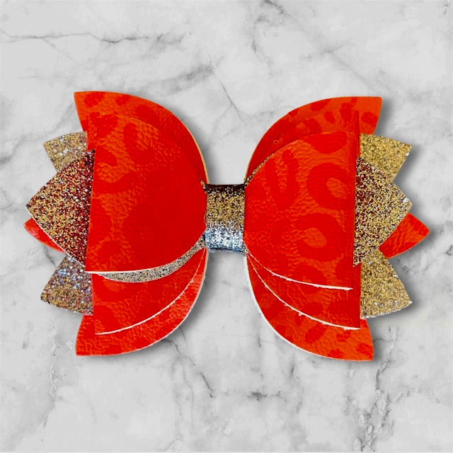 Leather Bow, Red Leopard and Dark Gray Glitter