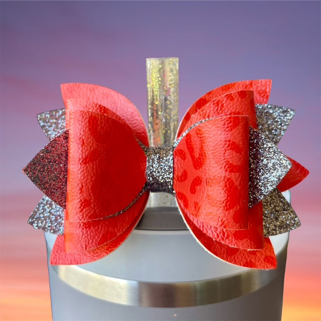 Leather Bow, Red Leopard and Dark Gray Glitter