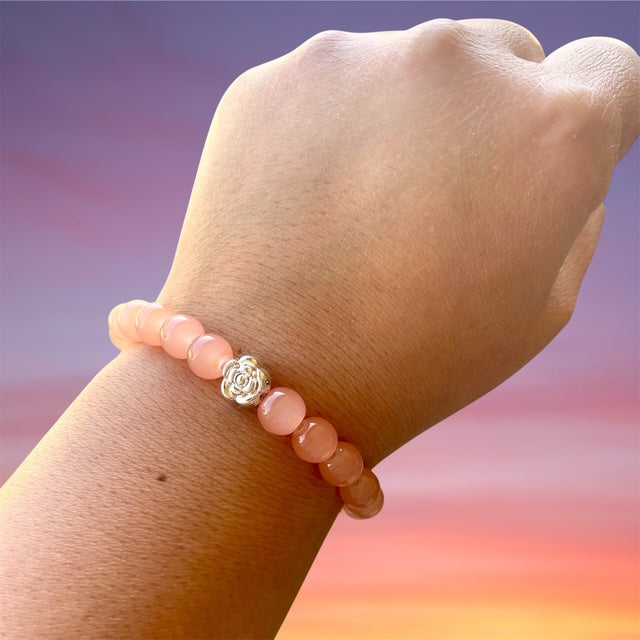 Glass Bead Bracelets, Peach Colored Beads and Rose Charm