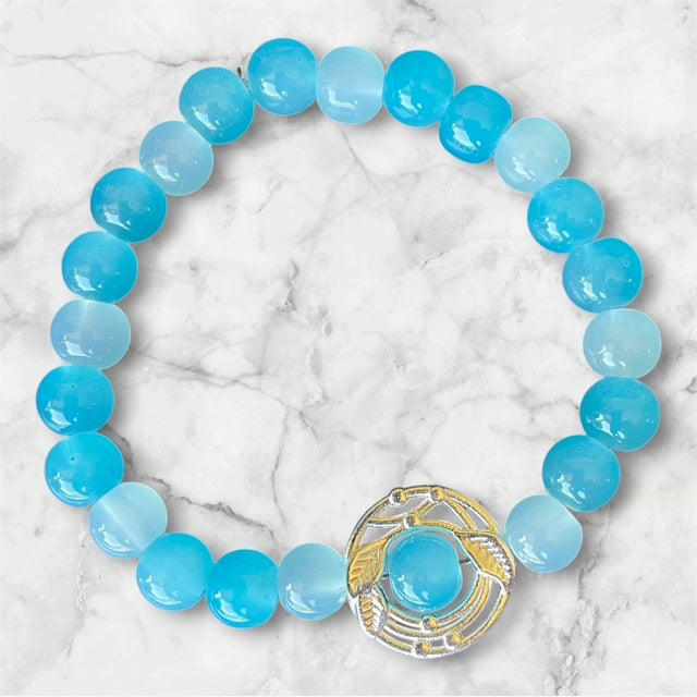Glass Bead Bracelets, Light Blue-Teal Beads and Silver Focal