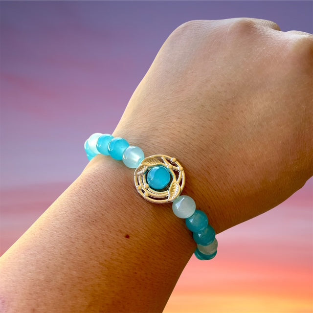 Glass Bead Bracelets, Light Blue-Teal Beads and Silver Focal
