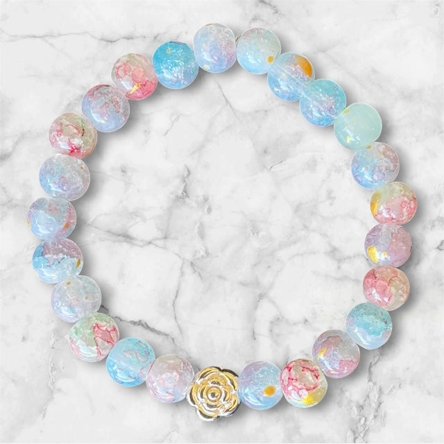 Glass Bead Bracelets, Multicolored Beads and Silver Rose Focal