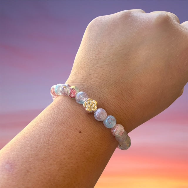 Glass Bead Bracelets, Multicolored Beads and Silver Rose Focal