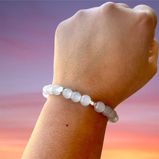 Glass Bead Bracelets, Gray-Blue Beads, with Silver Spacer Beads