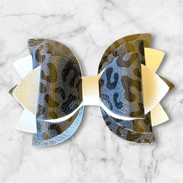 Leather Bow, Black Leopard and White Glitter