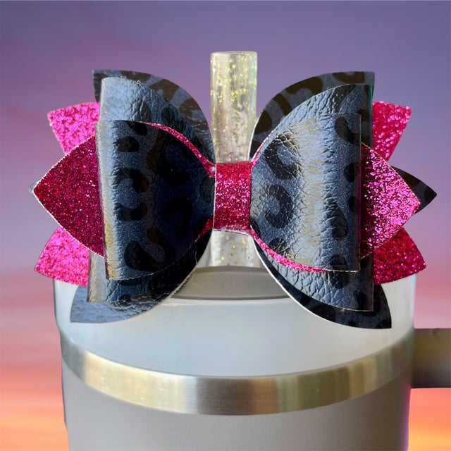 Leather Bow, Black Leopard and Hot Pink Glitter