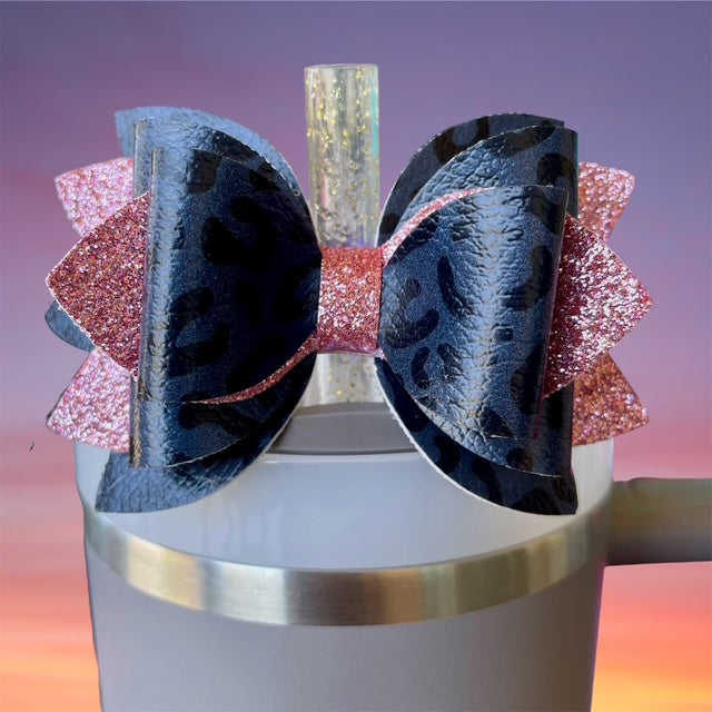 Leather Bow, Black Leopard and Pink Glitter