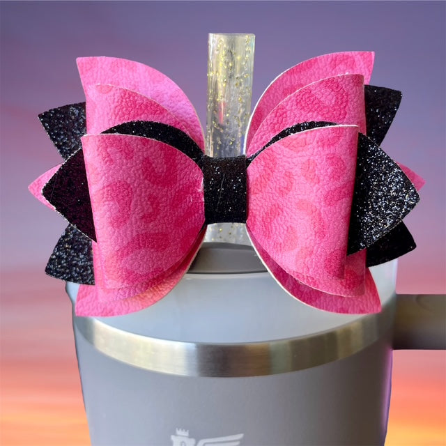 Leather Bow, Hot Pink Leopard and Black Glitter