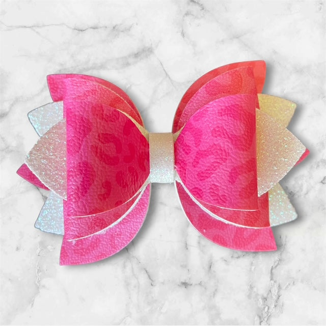Leather Bow, Hot Pink Leopard and White Glitter