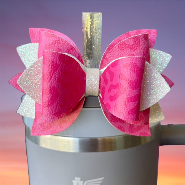 Leather Bow, Hot Pink Leopard and White Glitter