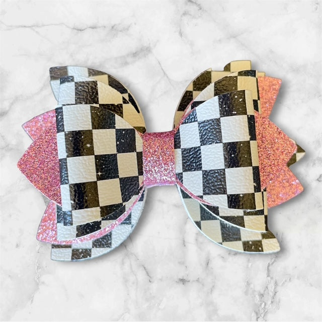 Leather Bow, Galaxy Checkers and Pink Glitter