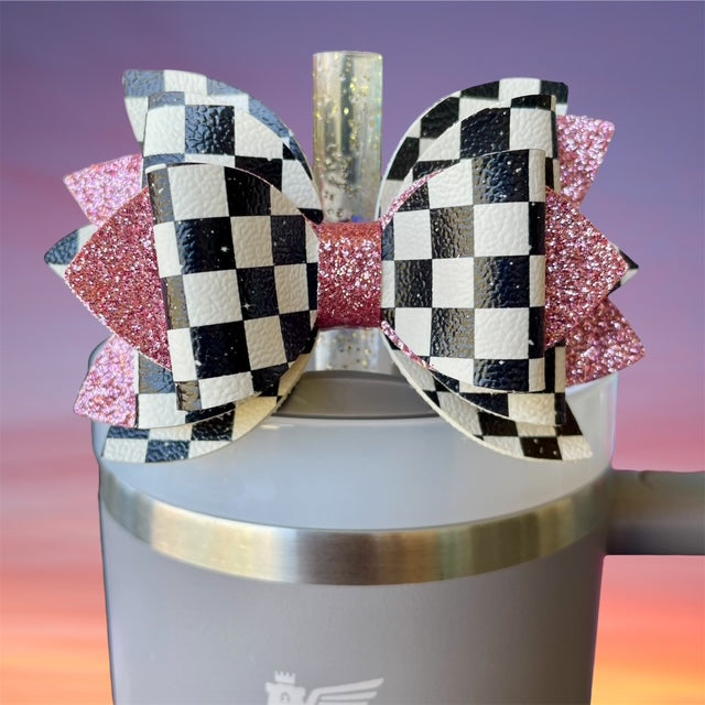 Leather Bow, Galaxy Checkers and Pink Glitter