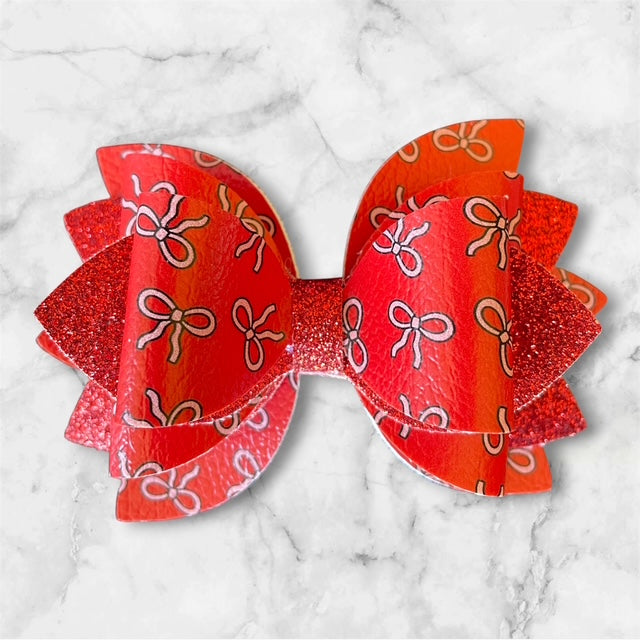 Leather Bow, Red with Pink Bows and Red Glitter