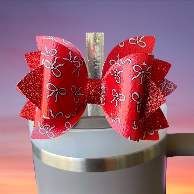 Leather Bow, Red with Pink Bows and Red Glitter