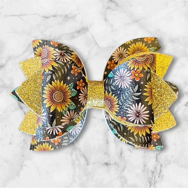 Leather Bow, Moody Sunflower with Gold Glitter