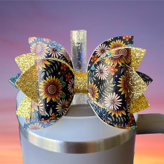 Leather Bow, Moody Sunflower with Gold Glitter