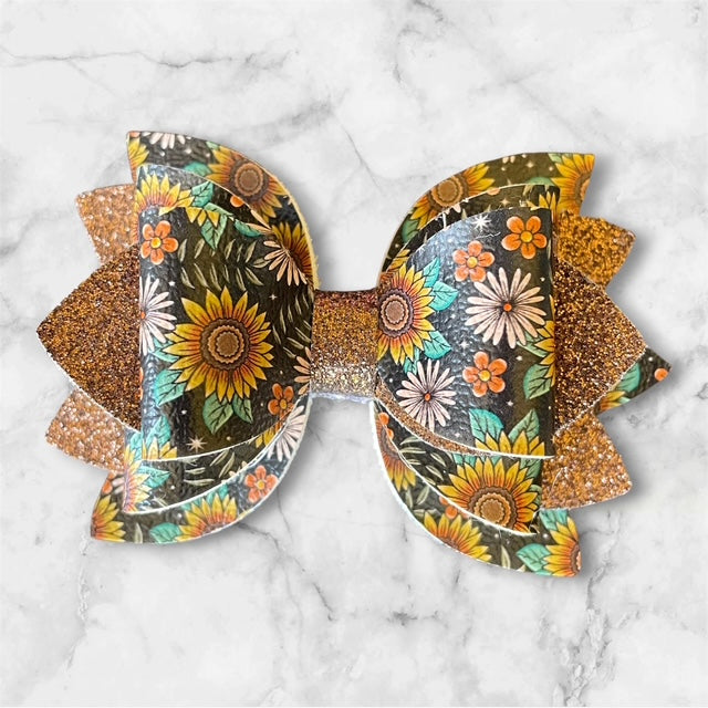 Leather Bow, Moody Sunflower with Brown Glitter