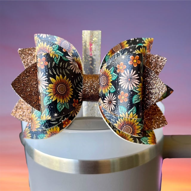 Leather Bow, Moody Sunflower with Brown Glitter