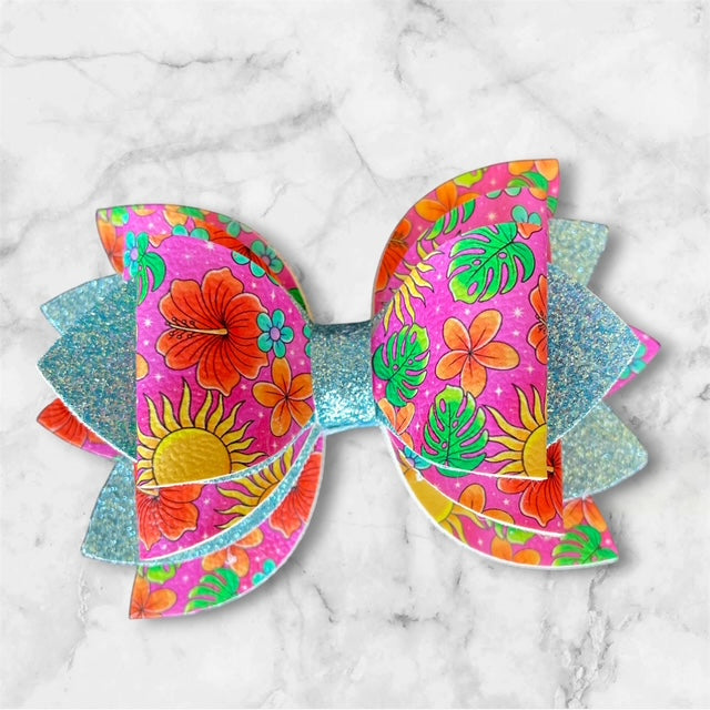 Leather Bow, Summer, Tropical Floral with Light Blue Glitter