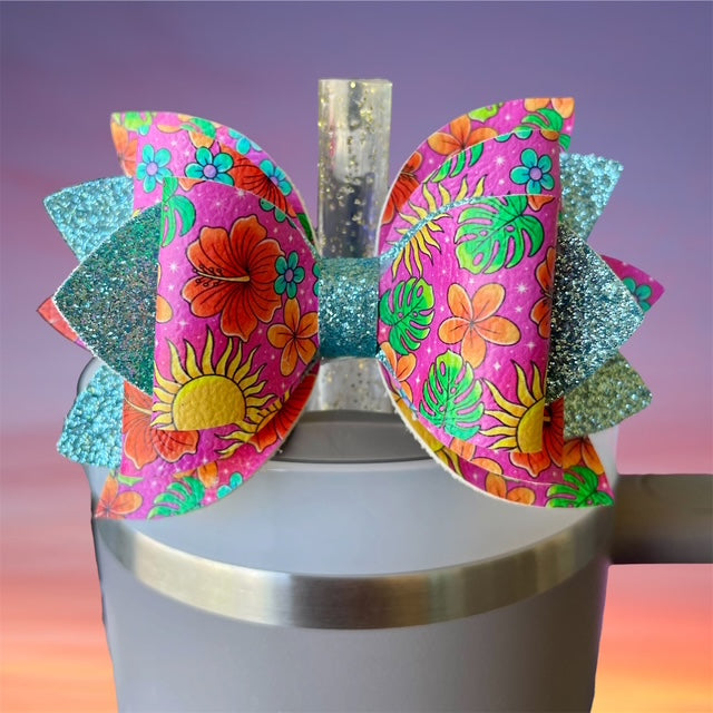 Leather Bow, Summer, Tropical Floral with Light Blue Glitter
