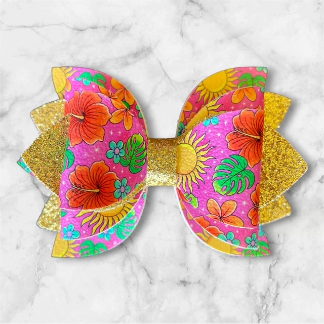 Leather Bow, Summer, Tropical Floral with Gold Glitter