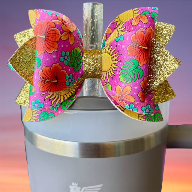 Leather Bow, Summer, Tropical Floral with Gold Glitter