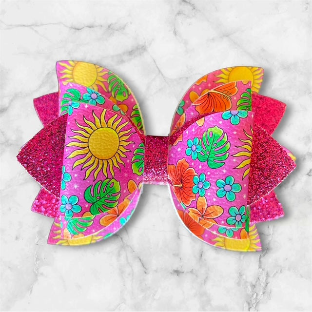 Leather Bow, Summer, Tropical Floral with Hot Pink Glitter